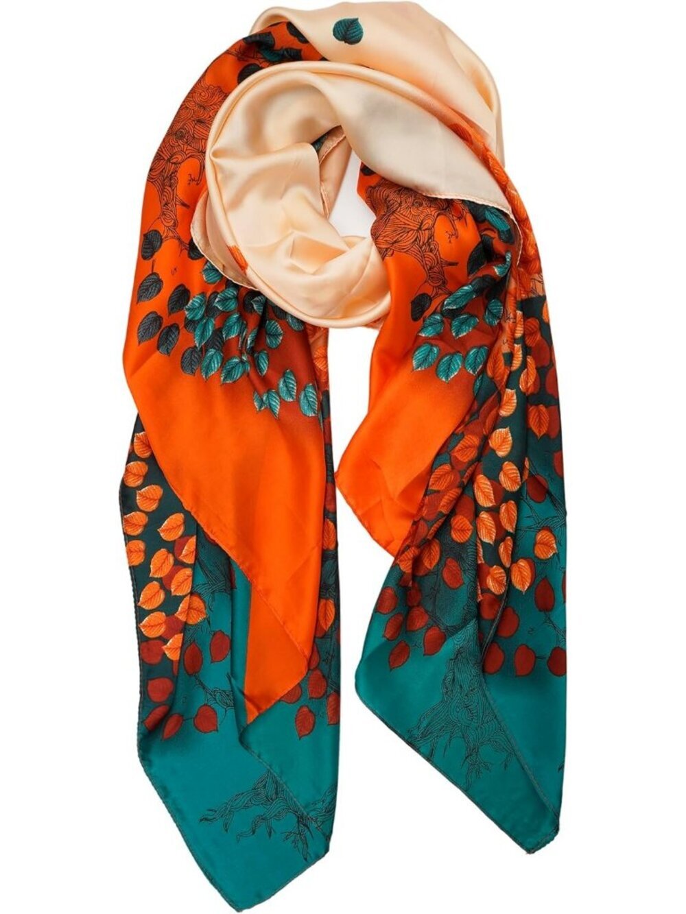 Women's Orange Teal/Leaves Long Skinny Silky Lightweight Sunscreen Shawls Wraps